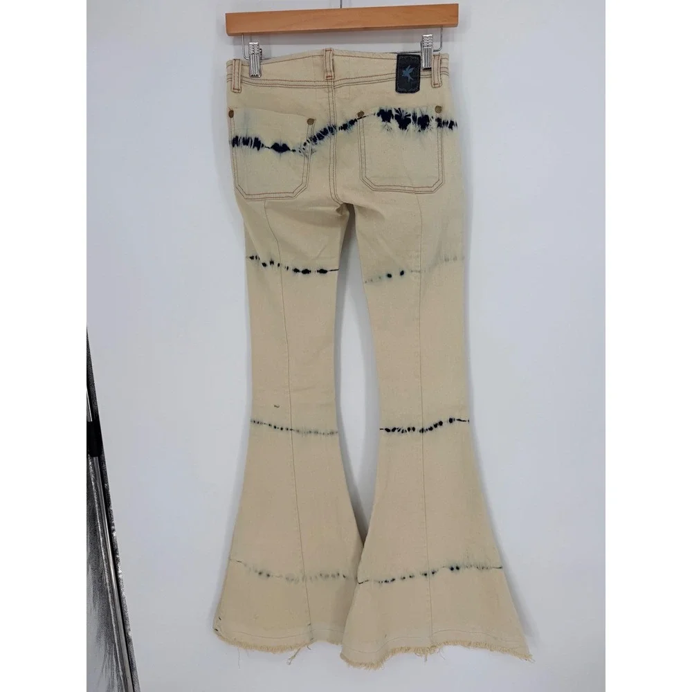 One Teaspoon Cream Tie Dye Flare Jeans Bell Bottom Raw 22 Indigo Boho Festival - Picture 4 of 15